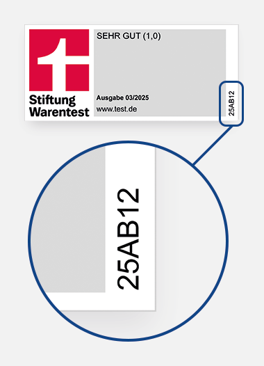 Sie finden die sechsstellige Lizenznummer am rechten Rand des Stiftung Warentest-Logos