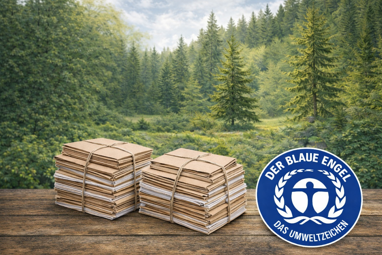 Logo Blauer Engel und Papierstapel auf Waldhintergrund