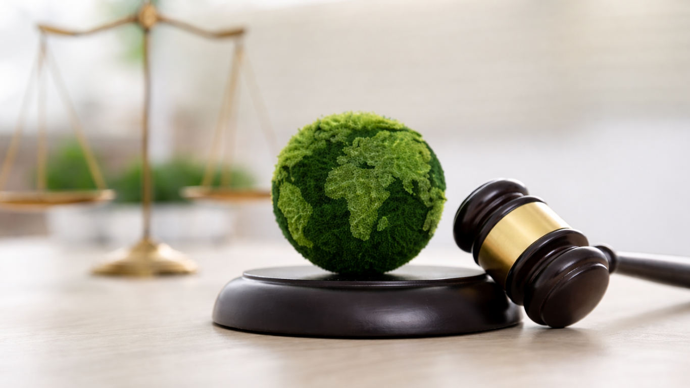 grüne Weltkugel auf Resonanzblock für Richterhammer; im Hintergrund verschwommen Justiziawaage